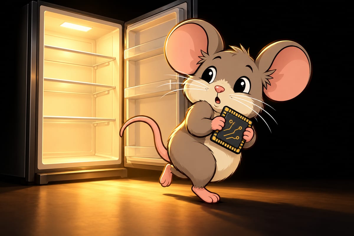 CompuMouse tilts a processor chip with gold contacts toward his mouth, looking quietly pleased with his snack.