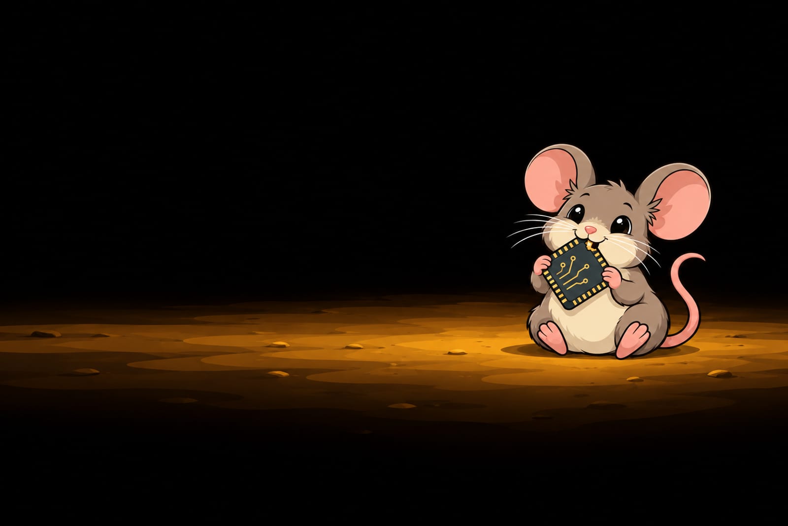 CompuMouse, a plump warm-gray mouse with pink ears and a cream belly, holds a processor chip like cheese on a black background.
