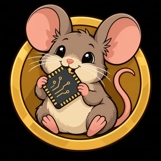 CompuMouse holding a processor chip, drawn with bold outlines on black.